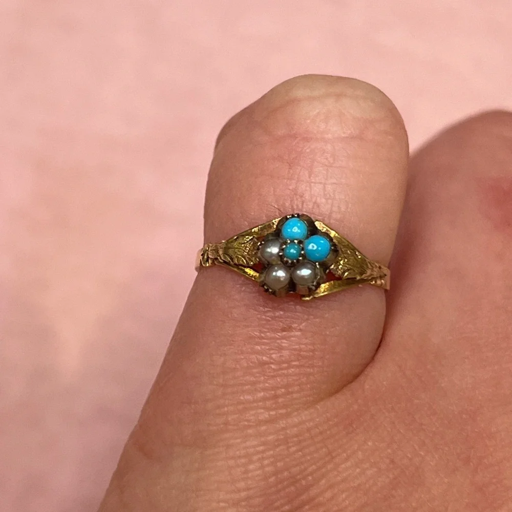 14K Gold Georgian/ Victorian Seed Pearl & Persian Turquoise Flower Cluster Ring